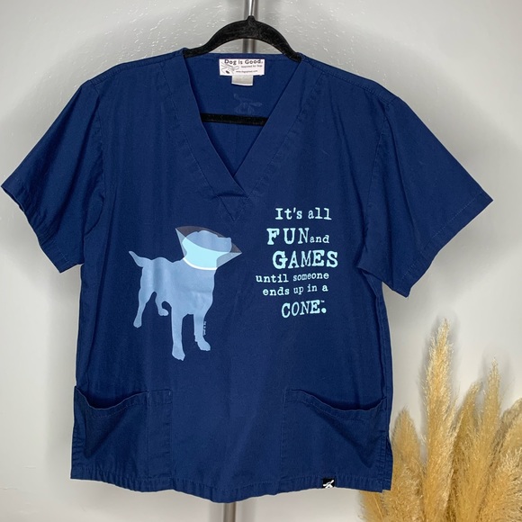 Dog is Good Scrub Top Vet Tech Veterinarian Funny Cone Navy V Neck Women's Med - Picture 1 of 11